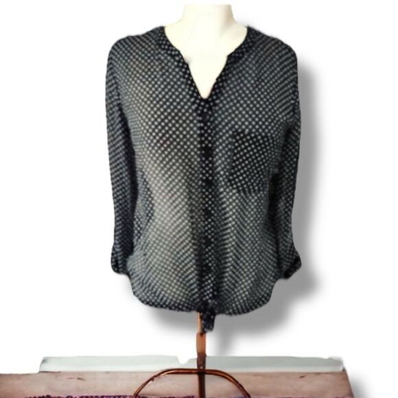 Zac & Rachel Vintage Y2K Top Black White Sheer Polka Dot Button Up Tab Sleeves S - Picture 3 of 16